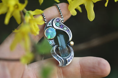 Aquamarine Crystal, with Australian opal, in silver and gold pendant