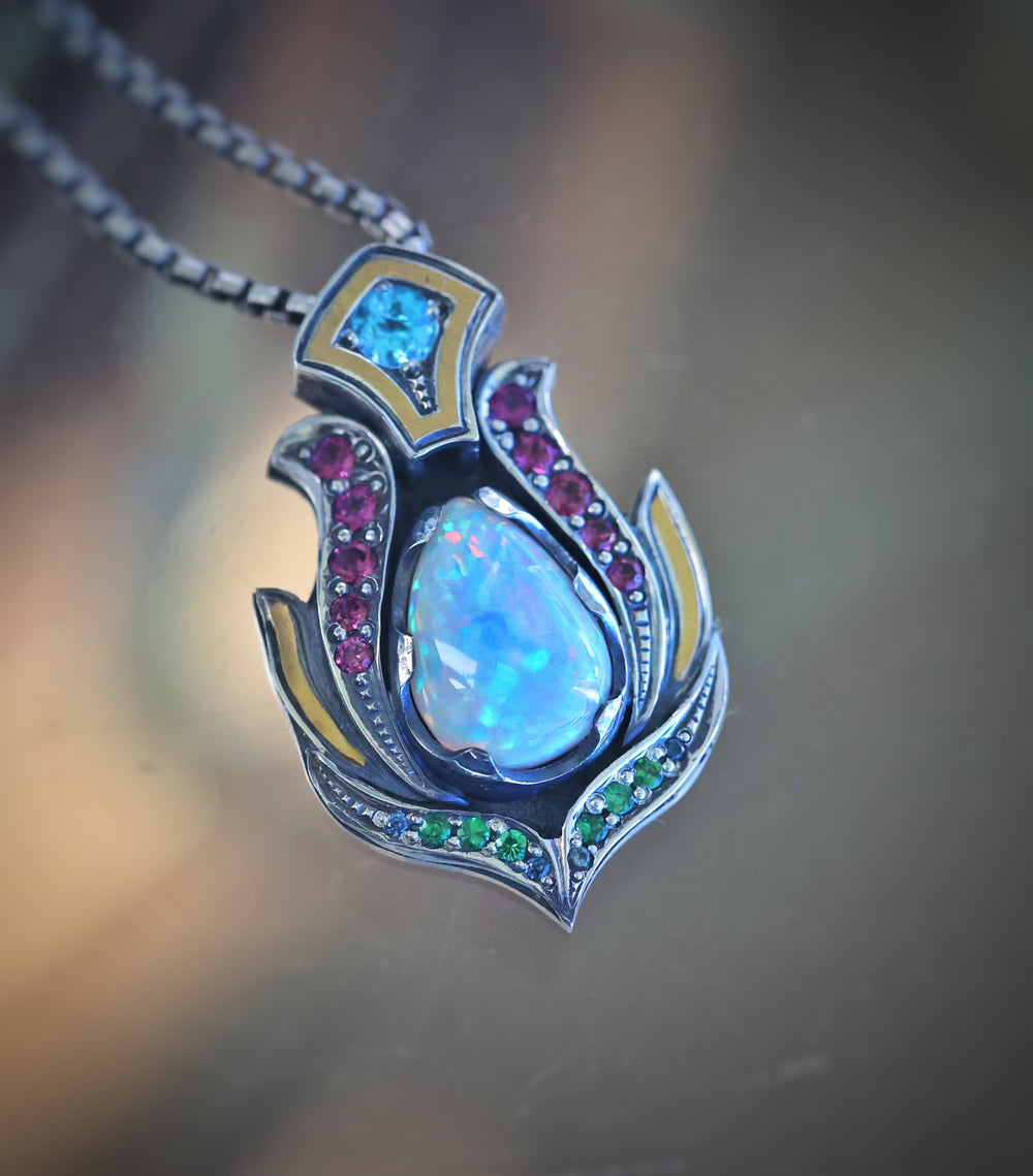 Opal lotus pendant with silver and gold