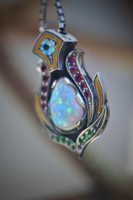 Opal lotus pendant with silver and gold