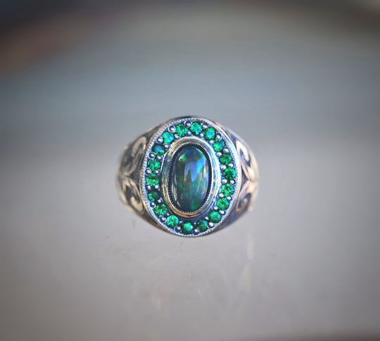 Opal and garnet signet style ring