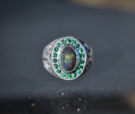 Opal and garnet signet style ring