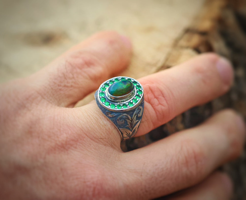 Opal and garnet signet style ring