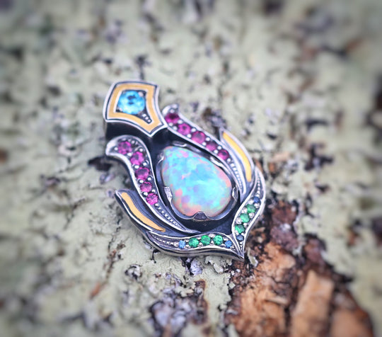 Opal lotus pendant with silver and gold