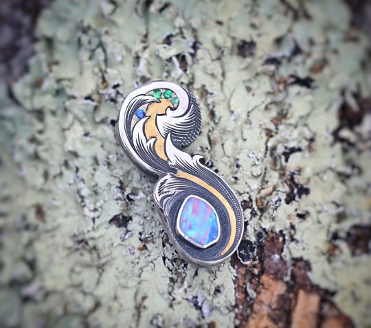 hand engraved silver and gold Opal pendant