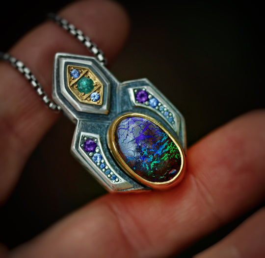 Silver and gold Boulder opal pendant