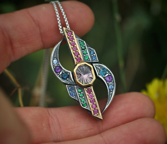 tourmaline sunburst silver and gold pendant