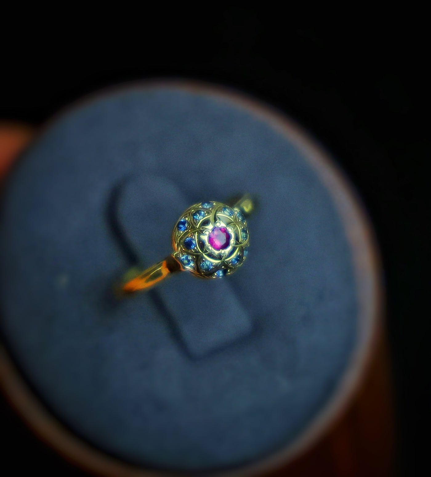 Ruby and sapphire flower of life ring